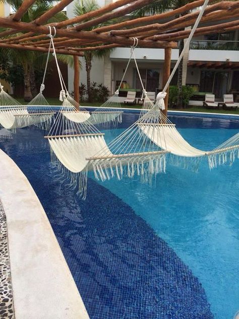 Interesting idea.., hammock over pool Pool With Hammock, Pool Hammock Ideas, Hammock Over Pool, Swings Over Pool, Hammock Ideas, Pool Seating, Pool Resort, Inside Pool, Pool Life