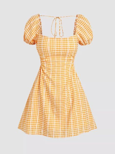 Dress Short Sleeve, Fashion Mode, Teen Fashion Outfits, Dress Short, Check Pattern, Yellow Dress, Cute Casual Outfits, Square Neckline, Dress Details