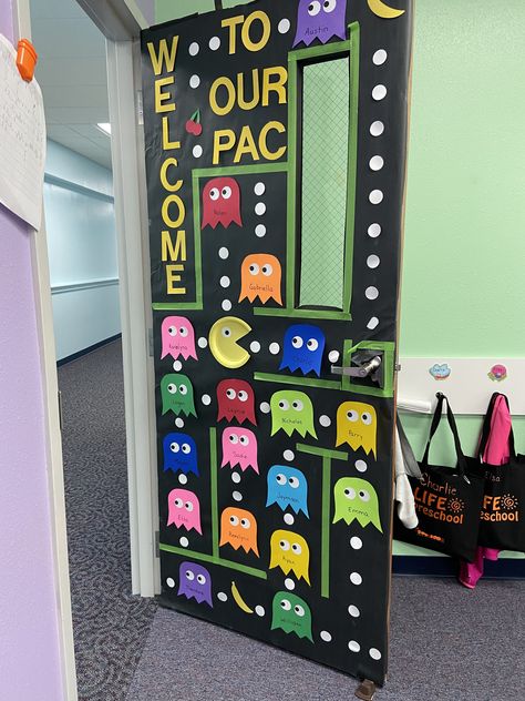 Space Invaders Bulletin Board, Game Room Door Ideas, Super Mario Classroom Door, 90s Bulletin Board, 80s Classroom, Halloween Classroom Door, Board Game Themes, Bulletin Ideas, Teaching Classroom Decor