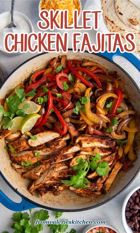 These Skillet Chicken Fajitas cook all in one pan on the stove for a fun and easy dinner. You don't need to pay restaurant prices when it's so easy to make fajitas at home! Stove Top Fajitas, Stovetop Fajitas, Chicken Fajitas Stove Top, Fajita Skillet, Stove Top Chicken Fajitas, Stovetop Chicken Fajitas, Dutch Oven Chicken Fajitas, Pan Fajitas, Chicken Fahijatas Recipe