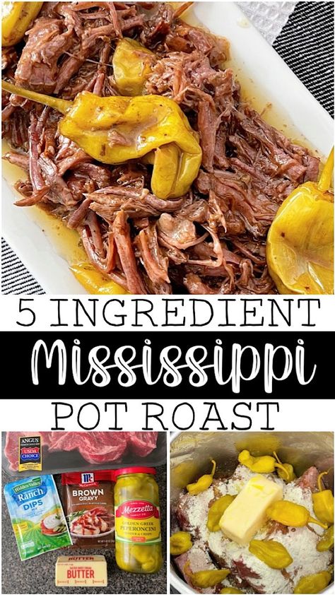 This mouthwatering Mississippi pot roast recipe is a culinary sensation made with just 5 simple ingredients. Tender beef, slow-cooked to perfection, is complemented by zesty ranch seasoning, tangy pepperoncini peppers, savory au jus, and a touch of butter. Chuck Roast With Pepperoncini, Mississippi Pot Roast Crockpot, Mississippi Pot Roast Recipe, Beef Seasoning, Slow Cooker Mississippi Pot Roast, Dinner Crockpot, Pot Roast Crock Pot Recipes, Slow Cooker Roast Beef, Mississippi Pot