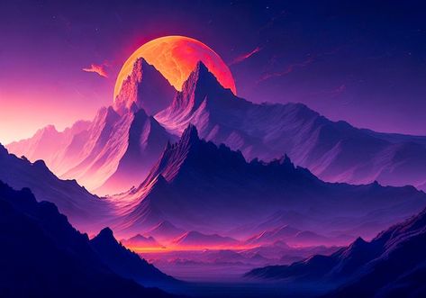 A purple planet with a pink moon in the ... | Premium Photo #Freepik #photo #sunset-mountain #mountain-panorama #synthwave #outrun Mountain Panorama, Purple Planet, Phone Setup, Book Mood, Purple Mountains, Mountain Illustration, Artist Branding, Mountain Wallpaper, Pink Moon