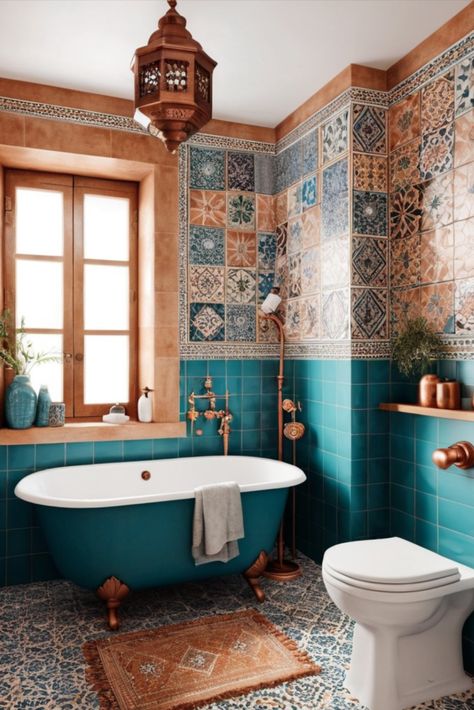 Bring exotic charm to your small bathroom with intricate Moroccan tiles and warm copper details. A vacation vibe in your own home. #MoroccanStyle #SmallBathroom #ExoticDesign Funky Tiles Bathroom, Portuguese Bathroom Ideas, Mediterranean Tiles Bathroom, Moroccan Tiles Bathroom, Small Elegant Bathroom, Moroccan Decor Bathroom, Moroccan Inspired Bathroom, Moroccan Style Bathroom, Elegant Bathrooms