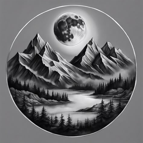 Mountains Back Tattoo, Realistic Mountain Tattoo Design, Mountain And River Drawing, Moon Over Mountains Tattoo, Mountain Landscape Tattoo, Moon And Mountains Drawing, Mountains Tattoo Design, Tattoo Berge, Mountain Tattoo Ideas