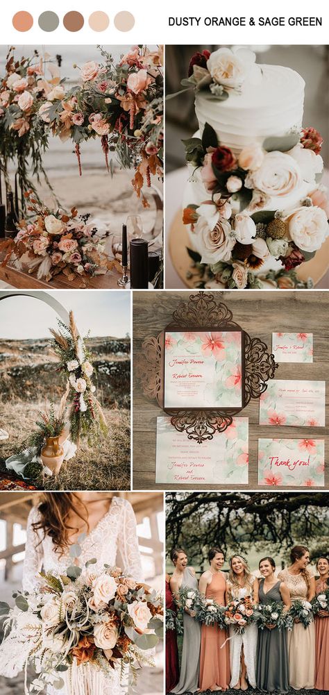 Orange And Sage Green, Green Fall Weddings, Fall Wedding Color Schemes, Dusty Orange, Sage Wedding, Sage Green Wedding, Wedding Color Inspiration, Wedding Palette, Wedding Theme Colors