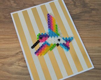 Lisa Frank Hummingbird Card - Handmade - Perler Beads - Hummingbird - Rainbow - 90s Kid - Lisa Frank - Colorful - Gold - Neon - Blank Inside Lisa Frank Pixel Art, Lisa Frank Perler Bead Patterns, Lisa Frank Perler, Hummingbird Rainbow, Hummingbird Card, Melt Beads, Kandi Inspo, Bead Creations, Perler Ideas