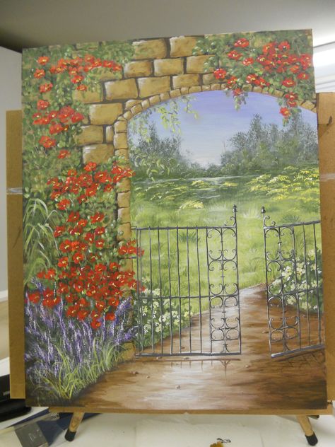 Gate painting Metal Garden Gates, Privacy Fences, Hand Painted Signs, Garden Gates, Painted Signs, Art Classes, Gate, Acrylic Painting, Decorative Items