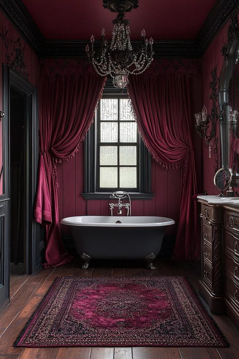 29 Western Gothic Bathroom Ideas to Create a Dark and Mysterious Space 12 Maroon Bathroom Ideas, Bedroom Ideas Gothic, Academia Bathroom, Maroon Bathroom, Dark Academia Bathroom, Gothic Bathroom Ideas, Western Bedroom Ideas, Burgundy Bathroom, Gothic Cabinet