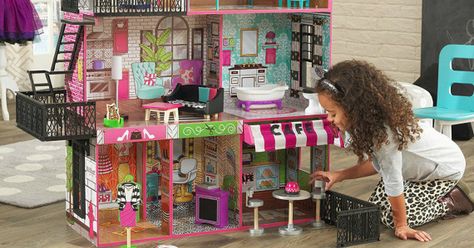 Your kiddos will love playing shop keeper and homemaker all in the same doll house - has working lights & sounds, too! Kidkraft Dollhouse, Portable Doll House, Girls Playhouse, Kids Doll House, Fabric Awning, Glam Bedroom, Play Kitchen Sets, Barbie Doll House, Plastic Doll