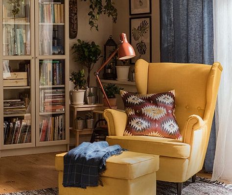 Armchairs Living Room, Ikea Strandmon, Ikea Armchair, Small House Living, Ikea Living Room, Apartment Decorating On A Budget, Chairs For Small Spaces, Living Room Corner, Colourful Living Room