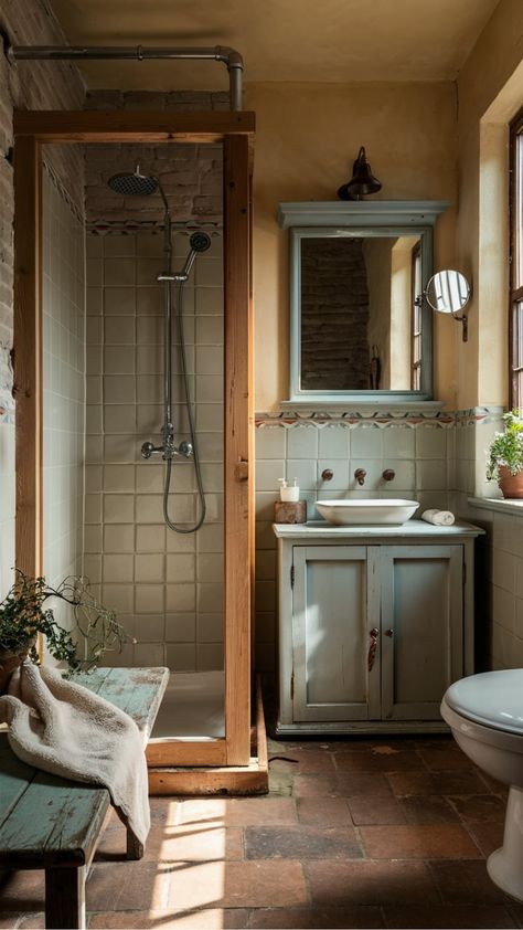 Rustic Interior Aesthetic, Tiny Rustic Bathroom, Rustic Vintage Bathroom, Small Bathroom Cottagecore, Wooden House Bathroom, Adding A Bathroom To A House, Cozy Vintage Bathroom, Vintage Cabin Bathroom, Granola Home Aesthetic