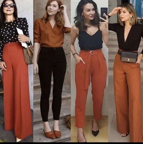 Pantalon Naranja Outfits, Orange Pants Outfit, Wide Pants Outfit, Pants Outfit Fall, Casual Work Outfits Women, Color Blocking Outfits, Casual Work Outfits, Looks Chic, Cute Simple Outfits