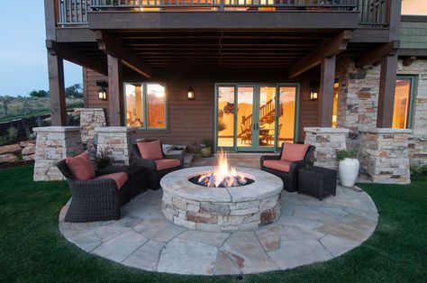 Back Patio with firepit in Tuhaye.  Home built by Cameo Homes Inc.  Park City Showcase of Homes 2013. Outdoor Fire Pit Seating, Garden Patios, Patio Deck Designs, Fire Pit Furniture, Backyard Seating, Fire Pit Seating, Fire Pit Designs, Fire Pit Patio, Patio Designs