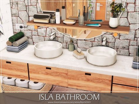 The Sims Resource - Isla Bathroom Sims 4 Bathroom Cc, Sims 4 Bathroom, Sims Interior, Sims Lots, Bathroom Bench, Sims Furniture, The Sims 4 Lots, Die Sims 4, Black White Bathrooms