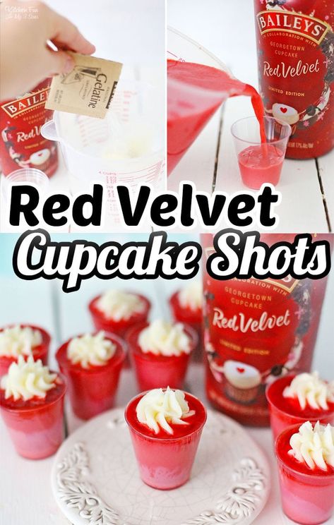 Red Pudding Shots, Boozy Cupcakes Recipes, Boozy Recipes, Shots Alcohol Recipes, Red Snacks, Boozy Cupcakes, Mason Jar Desserts, Red Velvet Recipes, Baileys Recipes