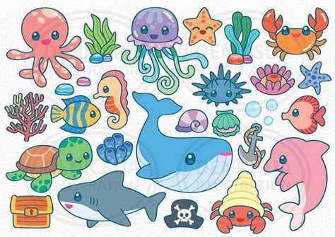 Dive into the World of Kawaii Clip Art Animals Sea Creatures Printables, Kawaii Sea Animals, Kawaii Sea Creatures, Doodle Ocean, Clip Art Animals, Kawaii Fish, Kawaii Mermaid, Mermaid Friends, Ipad Illustration