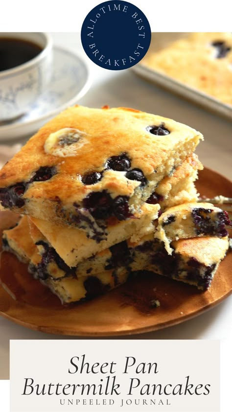 sheet pan blueberry pancakes recipe Blueberry Sheet Pan Pancakes, Oven Pancake Recipe, Fluffy Buttermilk Pancakes, Sheet Pan Pancakes, Blueberry Buttermilk Pancakes, Pan Pancakes, Oven Pancakes, Pancakes Pancakes, Buttermilk Pancakes Fluffy