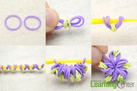 Easy DIY Instruction on Making a Candy Color Loom Flower Bracelet - Pandahall.com Rainbow Loom Easy, Loom Band Charms, Loom Bands Designs, Loom Flowers, Crazy Loom, Bracelet Instructions, Flower Loom, Loom Bands Tutorial, Loom Band Patterns