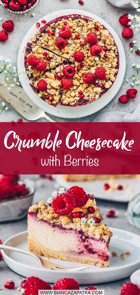 Cheesecake With Berries, Eggless Cheesecake, Rhubarb Crumble Cake, German Cheesecake, Berry Filling, Vegan Crumble, Crumble Cheesecake, Streusel Cake, Raspberry Rhubarb