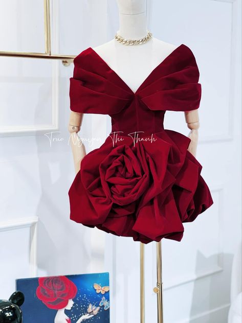 Rose Dress Outfit, Couture Dresses Short, Red Couture, Draping Fashion, Elegant Dresses Classy, Rose Fashion, African Print Fashion Dresses, Handmade Flower, Rose Dress