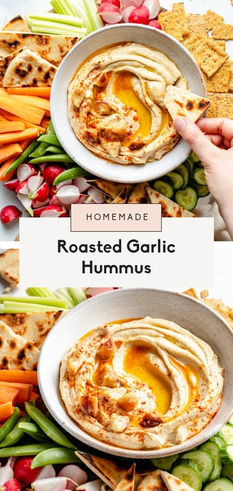 The creamiest roasted garlic hummus made with 5 core ingredients for a delicious snack you'll make again and again. This easy garlic hummus recipe is super versatile and makes the perfect dip for veggies, spread for sandwiches, and more. Get ready to fall in love with the rich flavor of roasted garlic! #hummus #vegansnack #healthysnack Chicken Schwarma, Roasted Garlic Hummus Recipe, Garlic Hummus Recipe, Best Hummus Recipe, Roasted Garlic Hummus, Hummus Recipe Homemade, Garlic Hummus, Easy Salad Dressing, Ambitious Kitchen