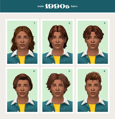 MALE CC HAIRS - 1990s I'm pretty sure every boy band member, pro-skater and teen boy at my high school I had a crush on in the 90s is represented in this hair collection! CC links under the cut. You... Sims 4 Decades Challenge, Pro Skaters, My M, Sims 4 Teen, Skater Boy, Sims 4 Mods Clothes, 90s Hairstyles, A Crush