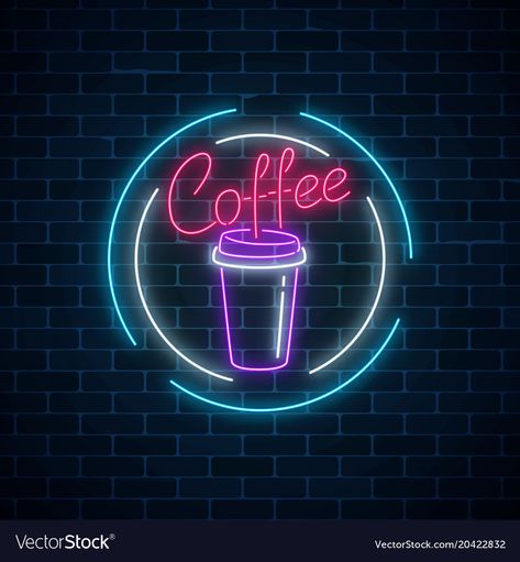 Neon Coffee Sign, Neon Cafe, Cafe Neon Sign, Vendor Machine, Dark Brick Wall, Cafe Neon, Neon Coffee, Coffee Neon, Neon Symbol