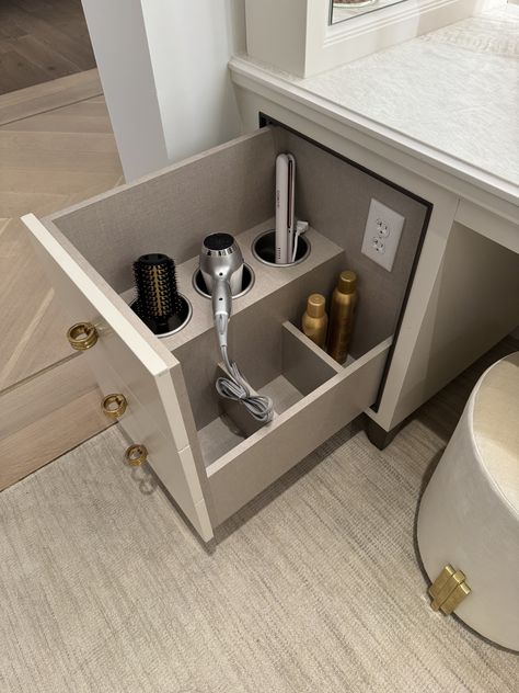 Built In Makeup Vanity In Bathroom Modern, Vanity Hair Dryer Storage, Small Bathroom With Makeup Area, Vanity Bathroom Makeup, Bathroom Drawers Ideas, Hair Dryer Cabinet, Master Bath Vanity Storage, Bathroom Design Cabinet, Custom Dressing Table