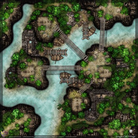 Roll20-50x50-Jungle-Cliff-Village by mrvalor2017 Dnd Jungle Village Map, Village Battlemap, Dnd Jungle, Jungle Village, Grid Rpg, Fantasy Village, Battle Map, Fantasy Maps, Wood Elf