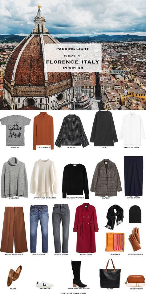 What to Pack for Florence, Italy in Winter Italy Winter Outfits, Florence Winter, Fall Packing List, Italy Packing, Italy Packing List, Fall Packing, Italy Travel Outfit, Italy Winter, Winter Packing List