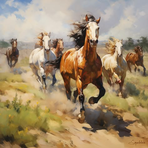 Watercolor western style painting of horses running in a field. Horses range in color from light brown to white, limited color range. Seven Horses Painting Hd, 7 Horses Running Painting Full Hd, Galloping Horse Painting, Seven Horses Running Painting, 7 Running Horses With Sunrise, Horses Running, Galloping Horse, Wild Horses Running, Mustang Horse