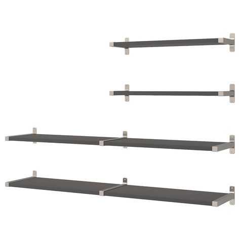 BERGSHULT / GRANHULT wall shelf combination, dark grey/nickel-plated, 160x30 cm Cut BERGSHULT wall shelf to any length, then use GRANHULT bracket to create a wall shelf with specific dimensions. Place it in a window, above a sofa or in a nook that is difficult to furnish. Bergshult Shelf Ideas, Ikea Bergshult, Shallow Shelves, Ikea Canada, Ikea Usa, Wall Shelf Unit, Shelf Hooks, Ikea Lack, Ikea Store