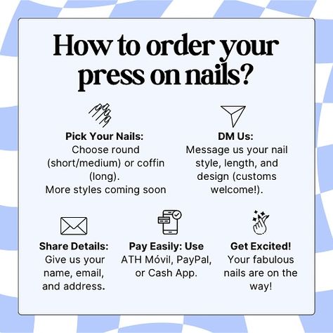 Step-by-step guide to ordering your perfect press-on nails! 💅✨ Follow along and create your customized set effortlessly. #PressOnNails #howtoordernails #pressonnailsforsale Press On Size Chart, How To Start Press On Nail Business, Small Nail Salon, Press On Designs, Press On Business, Nail Art Practice Sheet, Nails Practice, Press On Nails Business, Art Wishlist