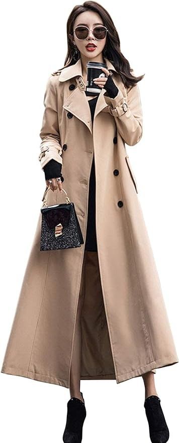 Amazon.com: ebossy Women's Double Breasted Duster Trench Coat Slim Full Length Maxi Long Overcoat (Large, Khaki) : Clothing, Shoes & Jewelry Trench Coat Ideas, Core Clothes, Trench Coats Women Long, Movie Outfit, Wardrobe Essentials For Women, Plaid Trench Coat, Coat Ideas, Double Breasted Overcoat, Cool Coats