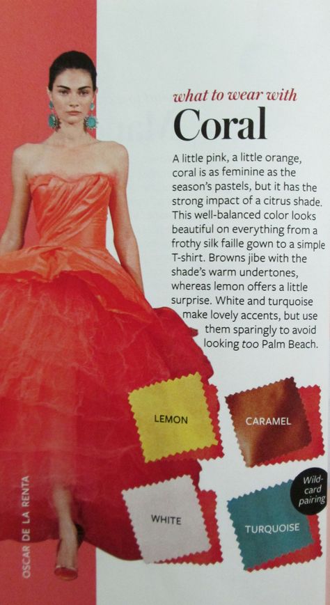 Instyle Color Crash Course - Coral (2) Color Crash Course, Instyle Color Crash Course, Coral Color Combinations, Deep Autumn Color Palette, Colour Combinations Fashion, Color Combinations For Clothes, Outfit Styling, Deep Autumn, Womens Suits