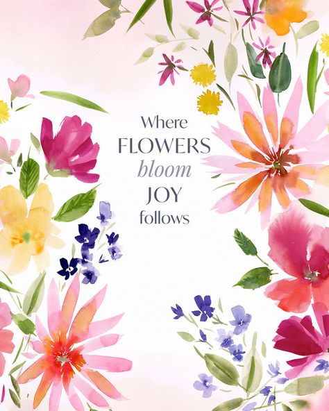 Title: "Where Flowers Bloom, Joy Follows" - Inspirational Watercolor Floral Art Print, Pink Background Description: Brighten your space with "Where Flowers Bloom, Joy Follows," an inspirational watercolor art print featuring vibrant flowers in pinks, yellows, oranges, and purples. This beautiful floral design surrounds an uplifting message, set against a calming light pink watercolor wash background. Perfect for adding a joyful and serene touch to any room. Product Details: Title: "Where Flowers Inspirational Watercolor, Nursery Art Wall, Watercolor Floral Art, Speedy Recovery, Background Light, Floral Art Print, Vibrant Watercolor, Vibrant Flowers, Watercolor Wash