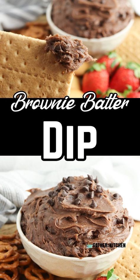 Top is a closeup of brownie batter dip on the corner of a graham cracker, middle says "Brownie Batter Dip" and bottom is a bowl with brownie batter dip in it. Brownie Batter Dip Recipe, Brownie Dip, Chocolate Dip Recipe, Brownie Batter Dip, Dessert Dip Recipes, Dessert Dip, Cream Cheese Brownies, Cheesecake Dip, Dessert Recipies