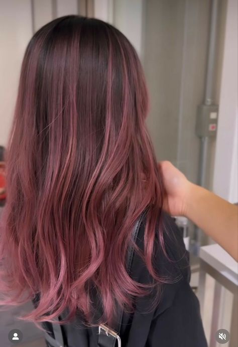 Pink Hair Brunette Balayage, Dusty Rose Peekaboo Hair, Light Pink Highlights In Brown Hair Straight, Cherry Pink Brown Hair, Pink Hair With Dark Hair, Dusty Pink Highlights Black Hair, Dark Rose Hair Color, Pink Tinted Hair Brunette, Dark Pink Hair With Light Pink Highlights