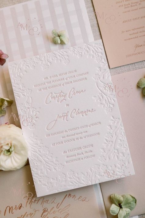 Debossed Invitation, Embossed Invitations, Embossed Wedding Invitations, Paper Flowers Wedding, Client Management, Stationery Inspiration, Letterpress Invitations, Rosemary Beach, Letterpress Wedding Invitations