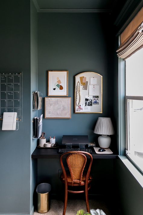 Bold Office Paint Colors, Inchyra Blue Office, Colourful Study Room, De Nimes Office, Study Room Wall Color, Small Blue Office, Dark Walls Office, Small Dark Office Ideas, Home Office Colourful