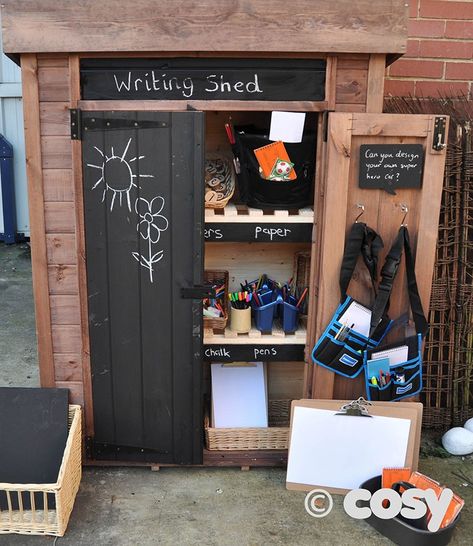 Writing shed Writing Shed, Eyfs Outdoor Area, Preschool Garden, Outdoor Learning Spaces, Eyfs Classroom, Early Years Classroom, Outdoor Play Spaces, Eyfs Activities, Outdoor Play Areas