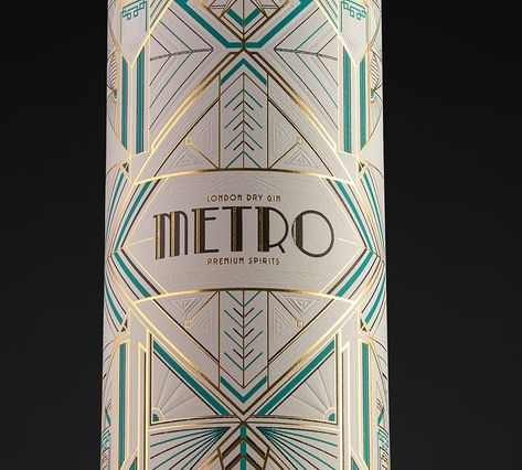 Javier Garduño Estudio De Diseño - METRO Gin - World Brand Design Society / Packaging design for Metro gin. It is inspired by the aesthetics of the film Metropolis and the art deco of the 1920s. A stylized bottle together with a label with an impeccable printing technique, make this gin spectacular and elegant at the same time. Spain Design Graphic, Art Deco Logo Design Brand Identity, Art Deco Web Design, Art Nouveau Packaging, Art Deco Branding, Art Deco Packaging, Art Deco Graphic Design, Gin Packaging, Art Deco Logo