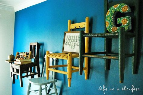 Chairs On Wall, Recycled Stuff, Shabby Chic Painting, Polywood Adirondack Chairs, Porch Chairs, Antique Shelves, Toddler Table And Chairs, Old Chairs, How To Hang