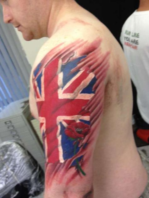 Union Jack tattoo British Tattoo Ideas, Union Jack Tattoo, Poppy Tattoo Sleeve, Under Skin Tattoo, Military Sleeve Tattoo, Union Tattoo, Arm Tattoos For Men, British Tattoo, Tattoo 2022