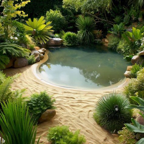 manmade, natural pool in garden, natural, plants, small sand beach, - Bildskapare Natural Lake Pool, Sand Swimming Pool, Organic Shaped Pool, Small Natural Pool, Natural Pool Ideas, Pool In Garden, Pool With Sand, Natural Backyard Pools, Eco Pool