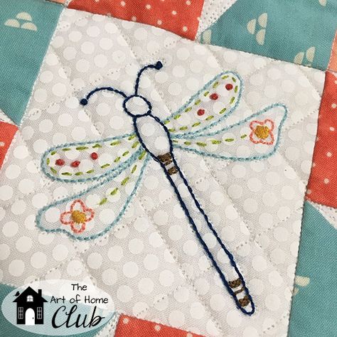 Happy Little Things Free Block of the Month- features 2 different colorways and options for applique, hand embroidery or just piecing! Come join our fun community as we sew along! JacquelynneSteves.com #quilt #bom #BlockOfTheMonth #quiltpattern #freequiltpattern #freebom #embroidery #applique #handembroidery #dragonfly Hand Embroidery Quilts, Hand Embroidery Quilt Blocks, Embroidery On Quilts, Hand Embroidered Quilt Blocks, Embroidery Quilt Blocks, Machine Embroidery Quilt Blocks Applique Designs, Bug Quilt Block, Dragon Fly Quilt Pattern, Dragonfly Applique Pattern