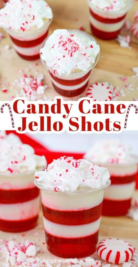 Christmas Cookie Jello Shots, Red And White Cocktails, Red And White Jello Shots, White Jello Shots, Red And White Christmas Party, Grinch Jello, Alabama Tailgate, Winter Snacks, Christmas Jello Shots