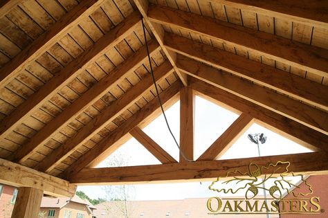 King post trusses and open vaulted ceilings - Oakmasters Wood Roof Structure, Oak Ceiling, Oak Porch, Exposed Trusses, Roof Truss Design, Timber Truss, Porch Ceiling, Timber Roof, Porch Roof