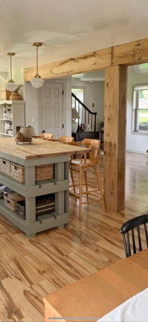 Kitchen Island With Couch Behind, Beam Across Kitchen, Kitchens With Structural Posts, Exposed Support Beams In Kitchen, Kitchen Island Pillars Columns, Kitchen Island With Support Poles, Kitchen Islands With Posts Support, Kitchen With Structural Post, Kitchen Support Beam Ideas Open Concept