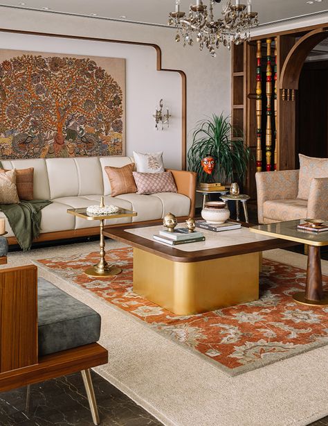 House of Ruya tells tales of Ancient India through this house in Bengaluru Indian Living Room Design, Indian House Design, Bespoke Dining Table, North Goa, Indian Living Room, Drawing Room Interior, Indian Living Rooms, Indian Homes, Ancient India